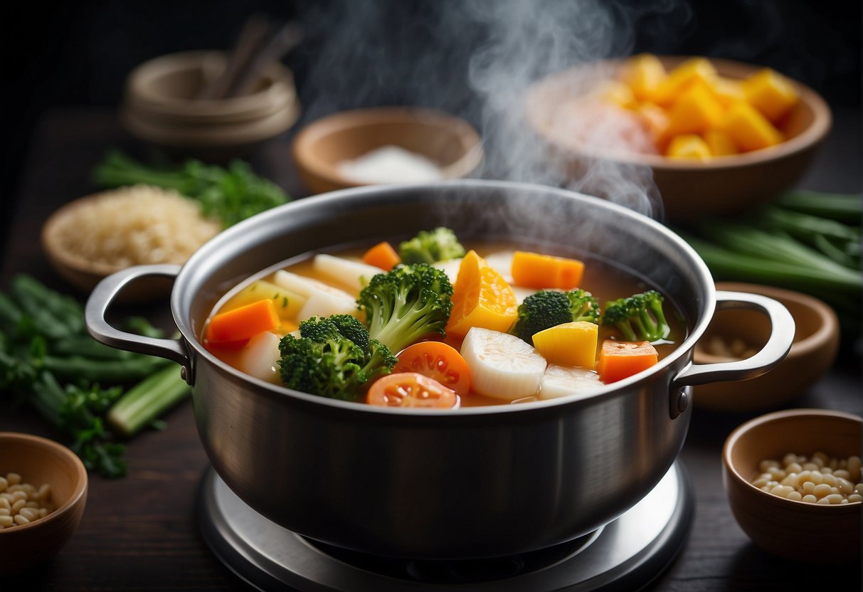 A pot simmers with colorful vegetables in a fragrant broth, steam rising. Chopsticks rest on the side, ready to serve