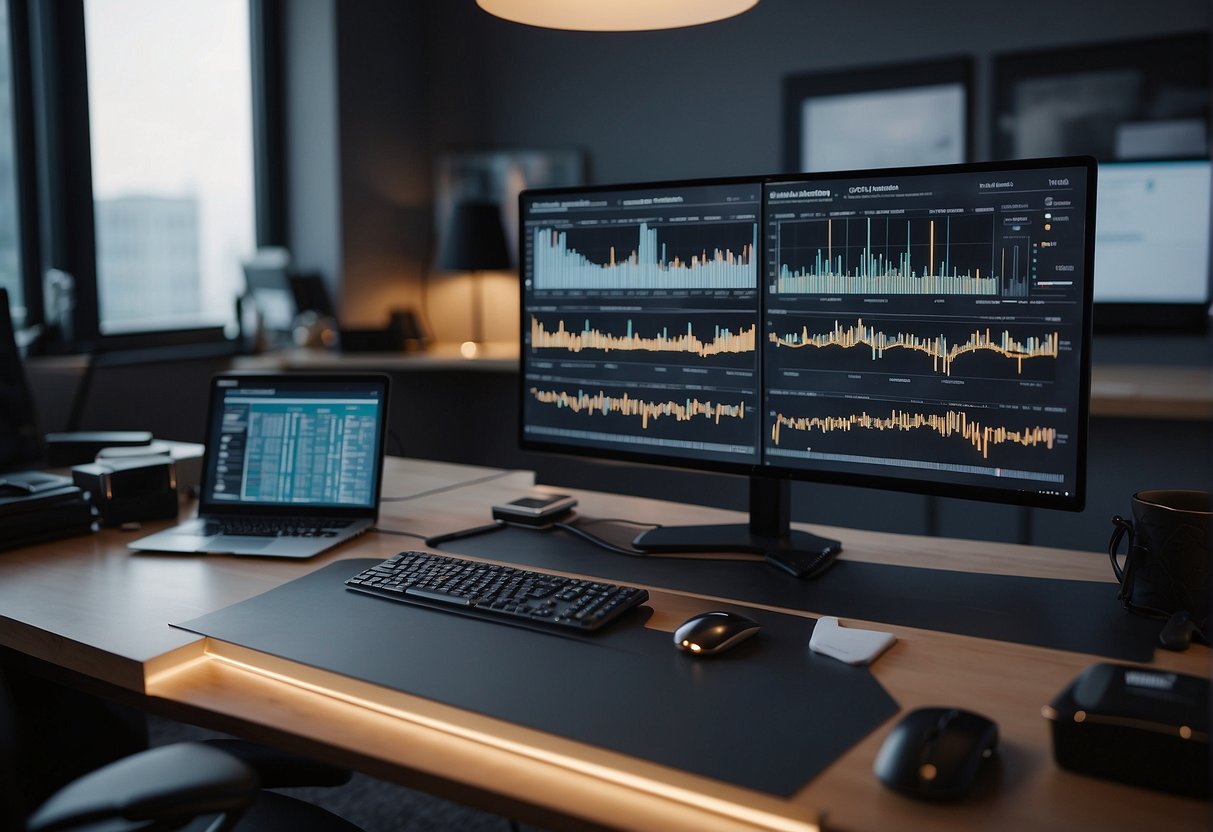 Cognition AI's Products and Tools: A sleek, modern workspace with computer screens displaying data analytics and AI algorithms