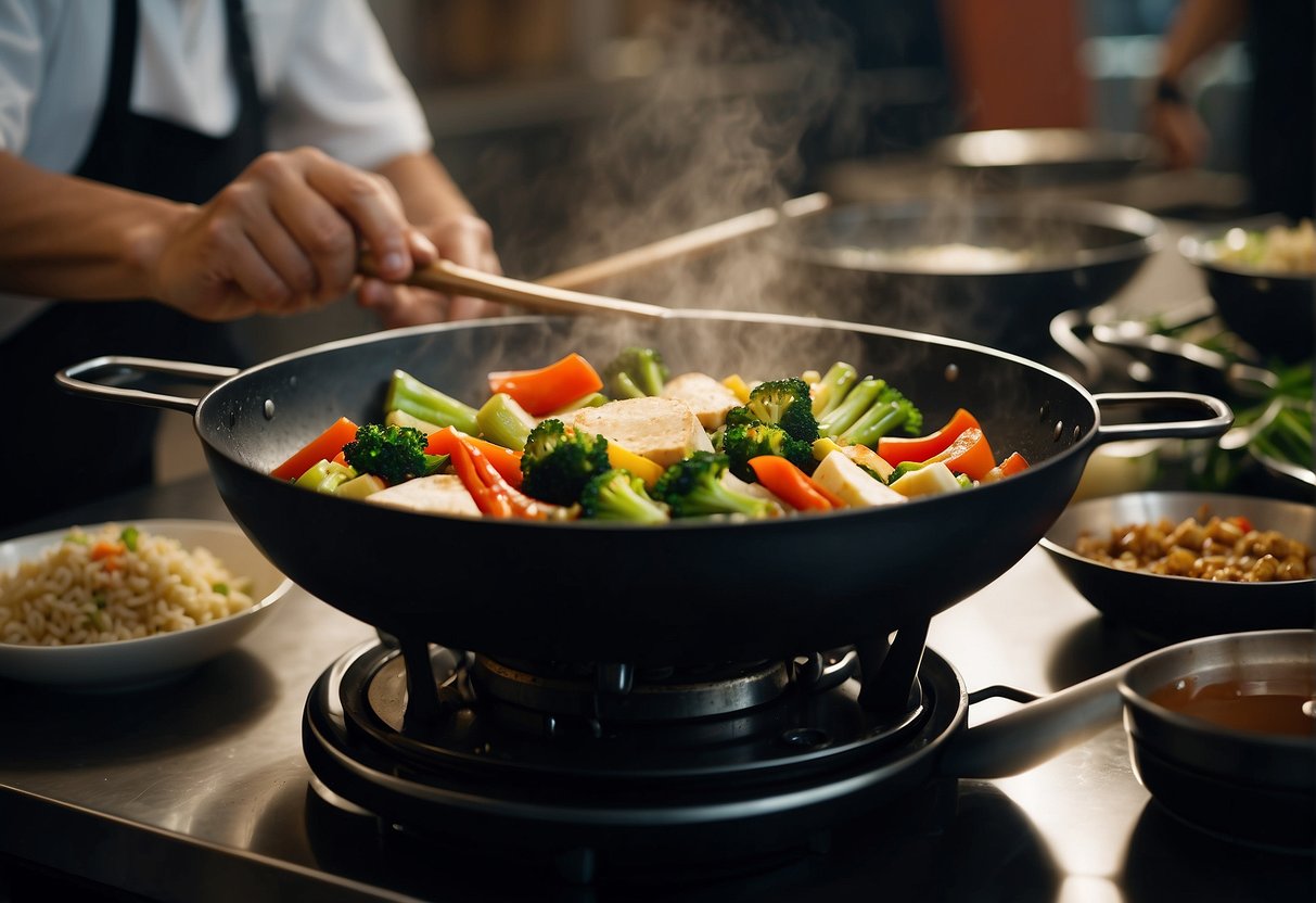 A wok sizzles with stir-fried vegetables and tofu. Steam rises as a chef adds soy sauce and ginger. A bowl of rice sits nearby