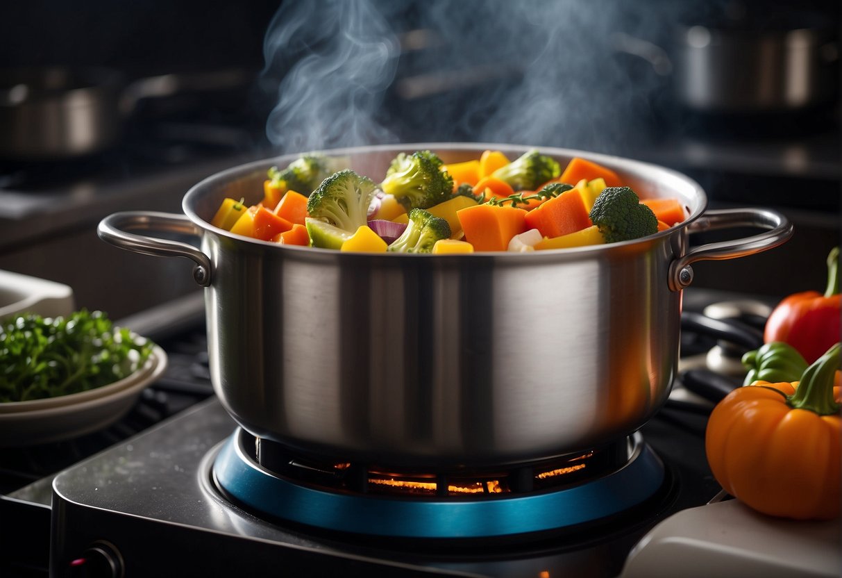 A pot simmers on a stovetop, filled with colorful vegetables and fragrant spices. Steam rises as the ingredients meld together, creating a tantalizing aroma