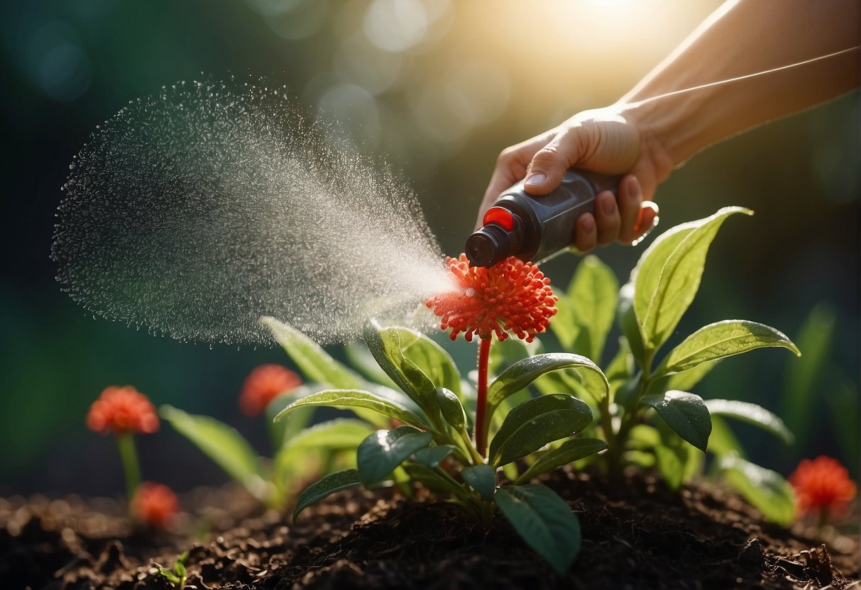 A hand holding a spray bottle aims at a cluster of red mites on a plant. The spray releases a mist, enveloping the mites in a cloud of insecticide