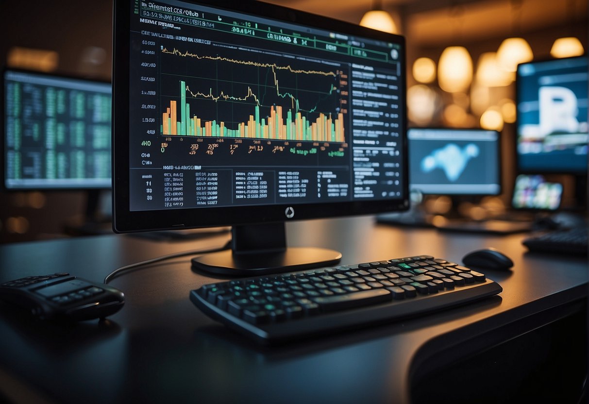 A computer screen displaying stock market data with a brain icon representing AI, surrounded by financial charts and graphs