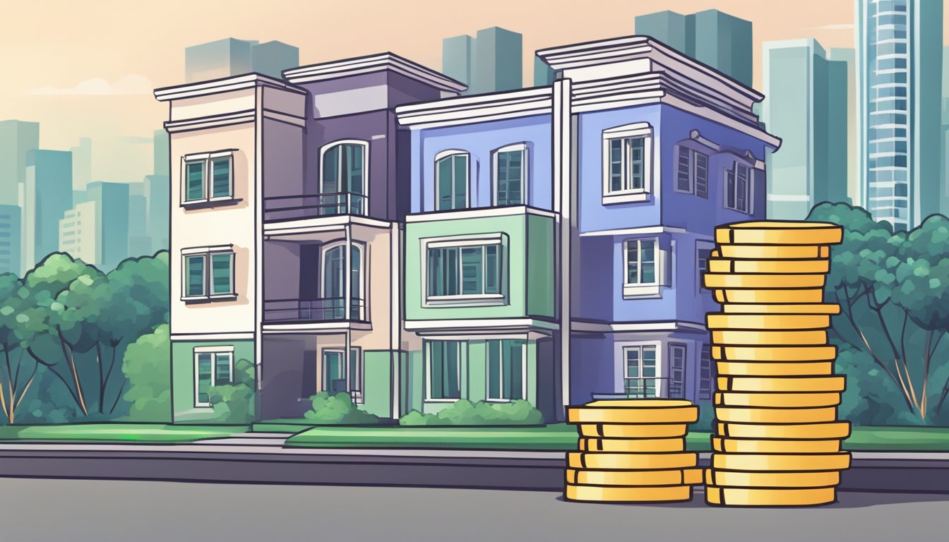 A stack of cash equal to a year's salary in Singapore, with a condo in the background