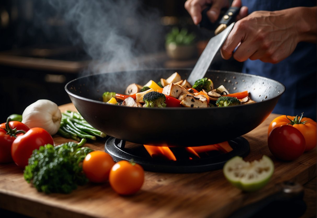 A wok sizzles with colorful vegetables and aromatic spices, while a chef's knife slices through tofu and mushrooms on a wooden cutting board
