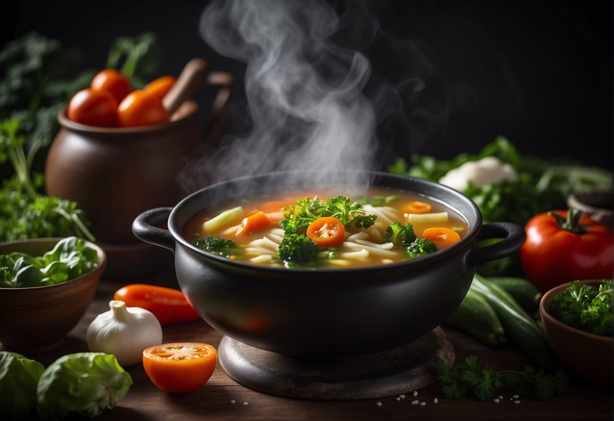 A steaming pot of Chinese vegetarian soup surrounded by fresh vegetables and herbs, showcasing the nutritious benefits of a plant-based diet