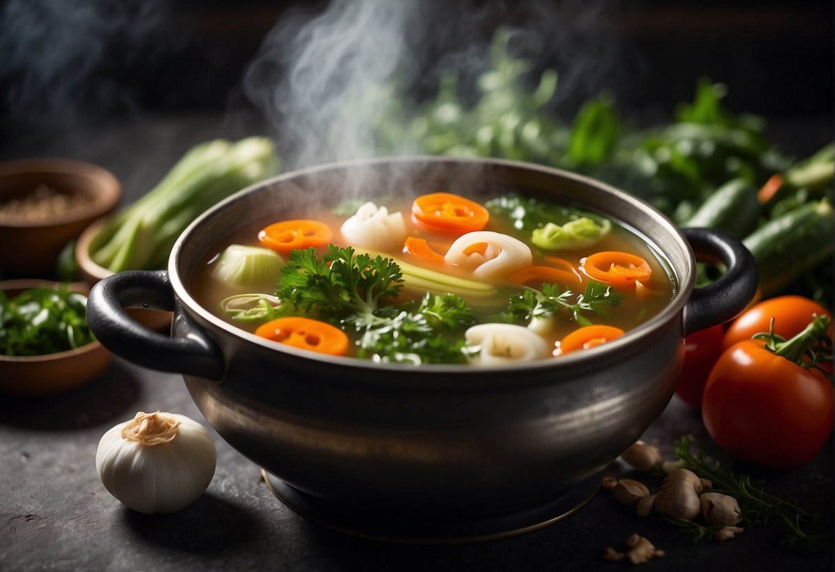 A steaming pot of Chinese vegetarian soup surrounded by fresh vegetables and aromatic herbs