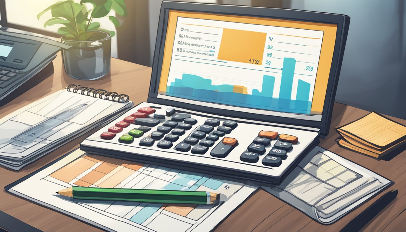 A calculator sits on a desk, displaying the cost of a condo in Singapore. A salary figure is inputted, showing the affordability of purchasing a condo