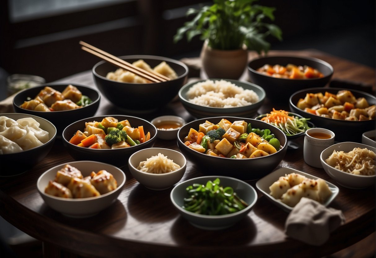 A table set with various Chinese vegetarian dishes, including stir-fried vegetables, tofu dishes, and steamed dumplings. A wok and chopsticks are nearby