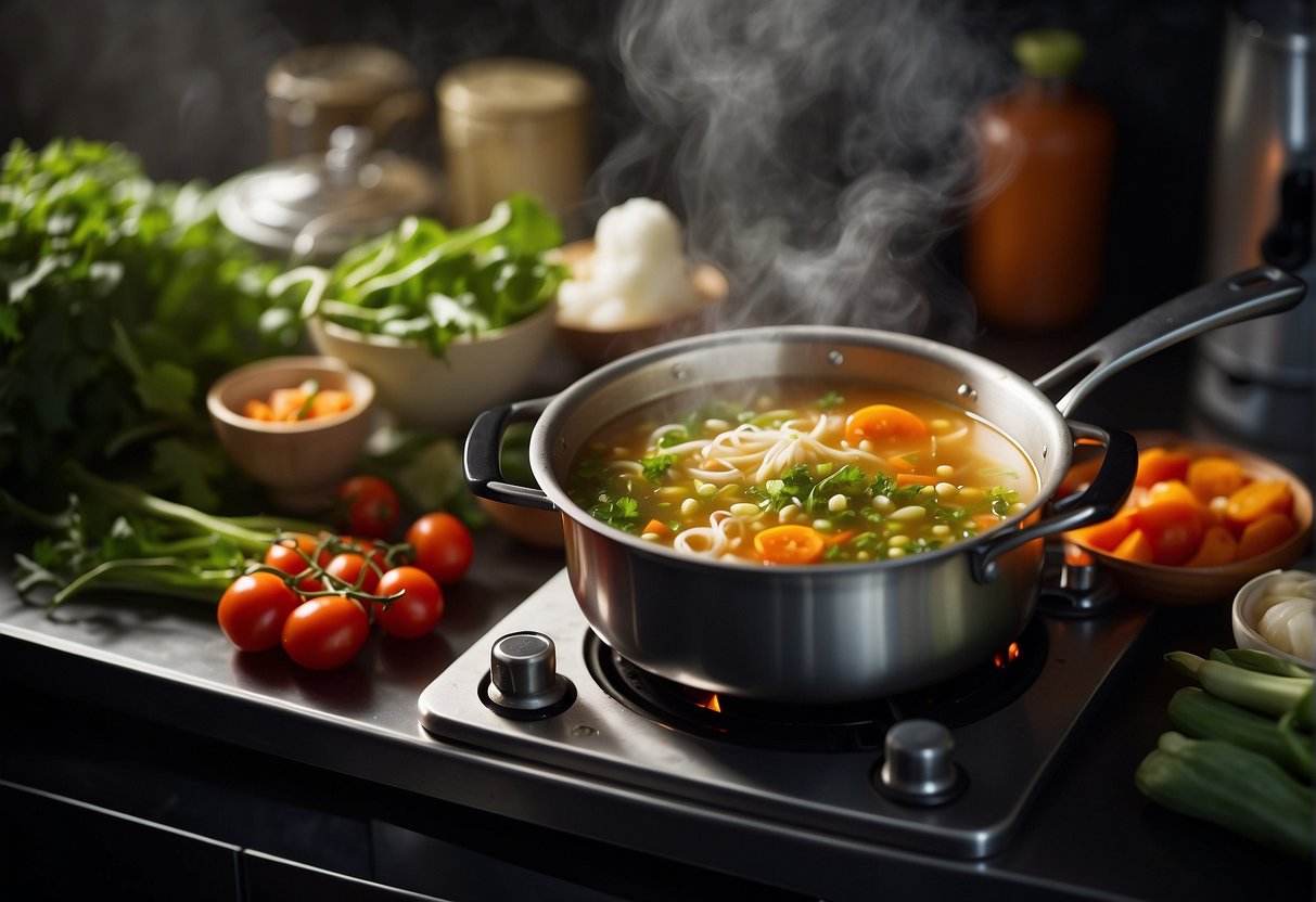 A steaming pot of Chinese vegetarian soup on a stove, surrounded by fresh vegetables and herbs. A neatly organized pantry with labeled containers of ingredients