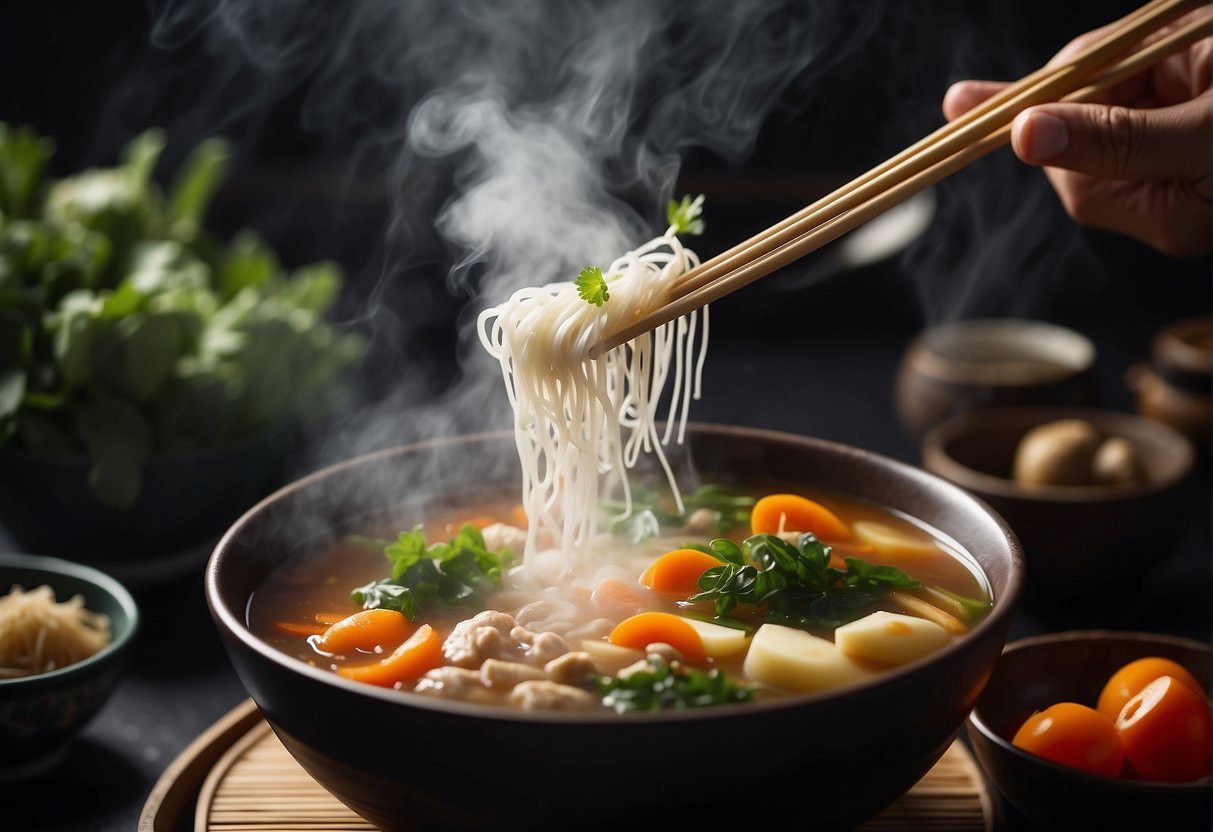 A steaming pot of Chinese vegetarian soup surrounded by fresh ingredients and chopsticks