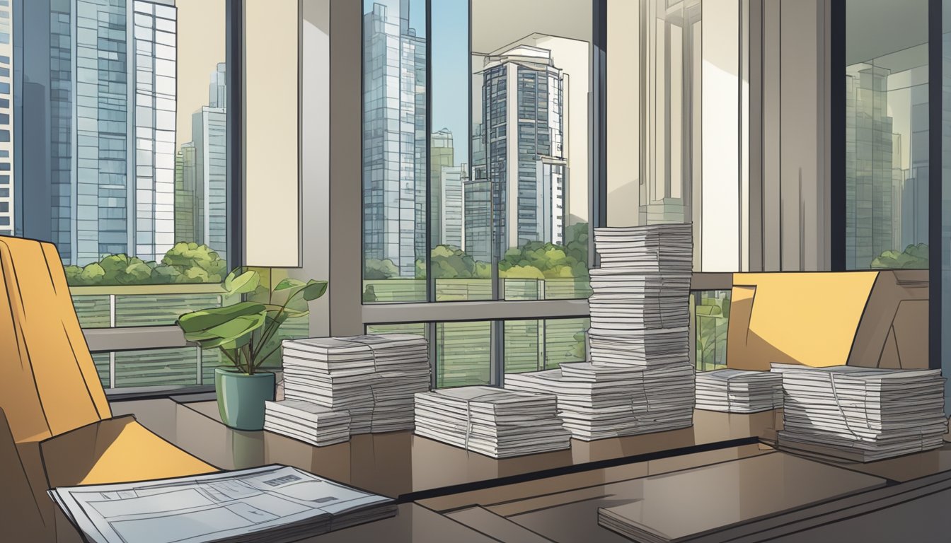 A condo in Singapore with a price tag and a stack of bills, representing ongoing costs and financial considerations