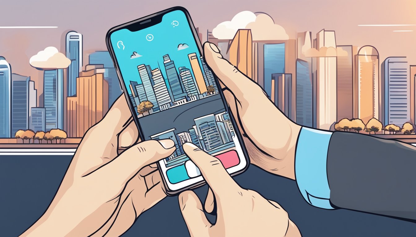 A hand holding a smartphone, tapping on a "Buy Now" button with a Singapore cityscape in the background