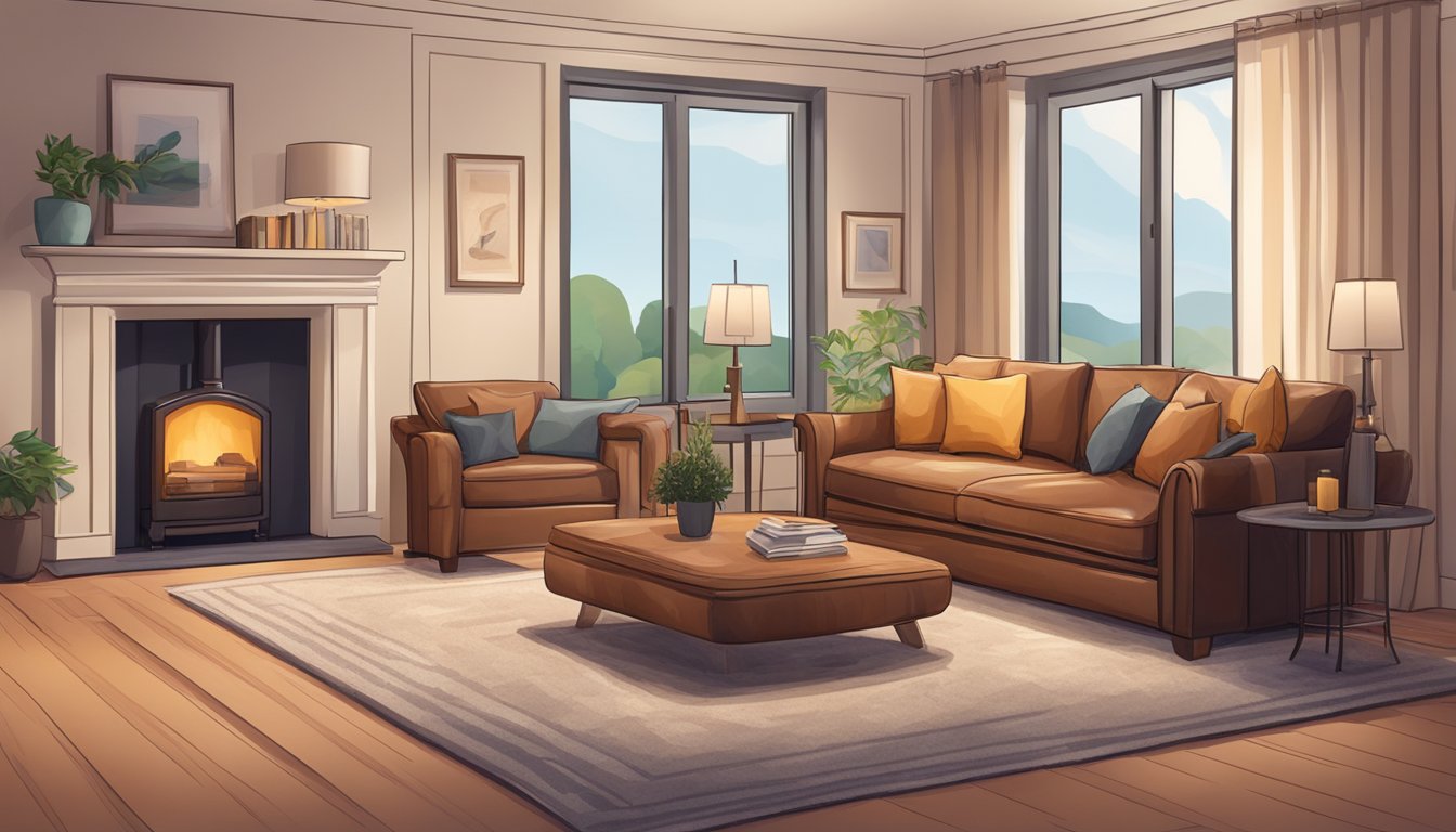 A cozy living room with a sleek leather sofa, surrounded by soft throw pillows and a warm, inviting ambiance