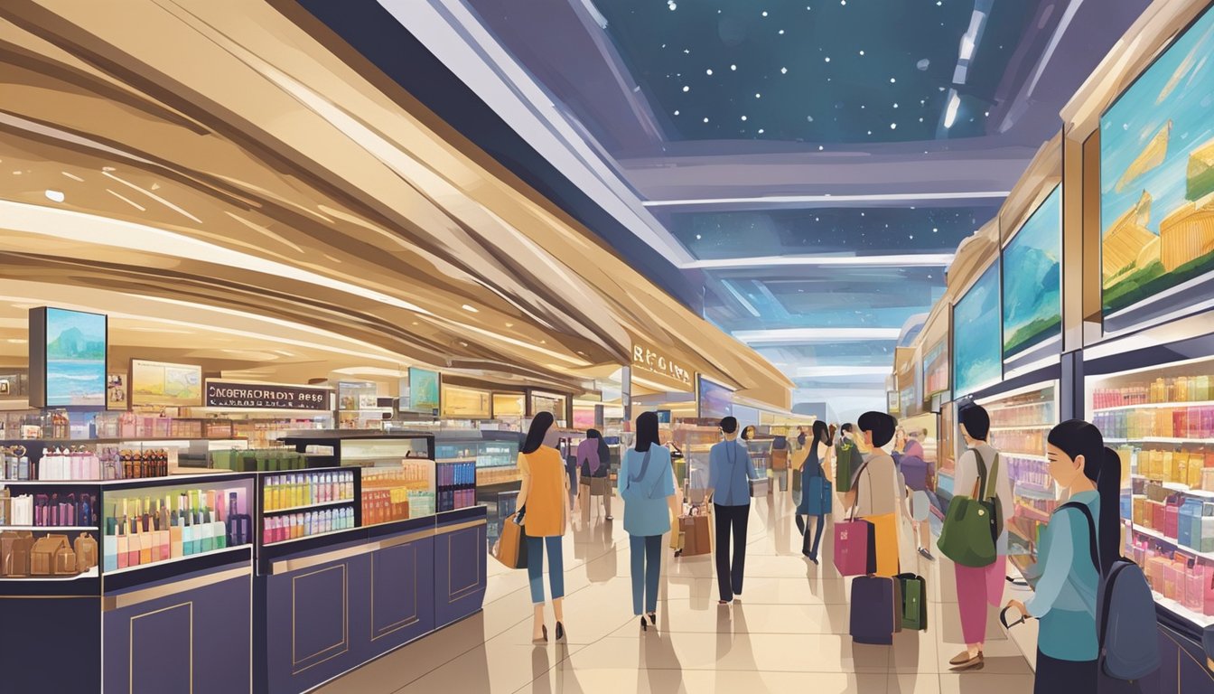 Passengers browse luxury goods at Changi's duty-free shops. Bright displays showcase perfumes, alcohol, and electronics. A bustling atmosphere with travelers and staff
