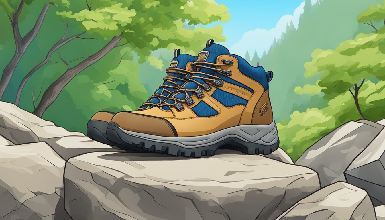 A pair of hiking brand shoes resting on a rocky trail with a backdrop of lush green trees and a clear blue sky