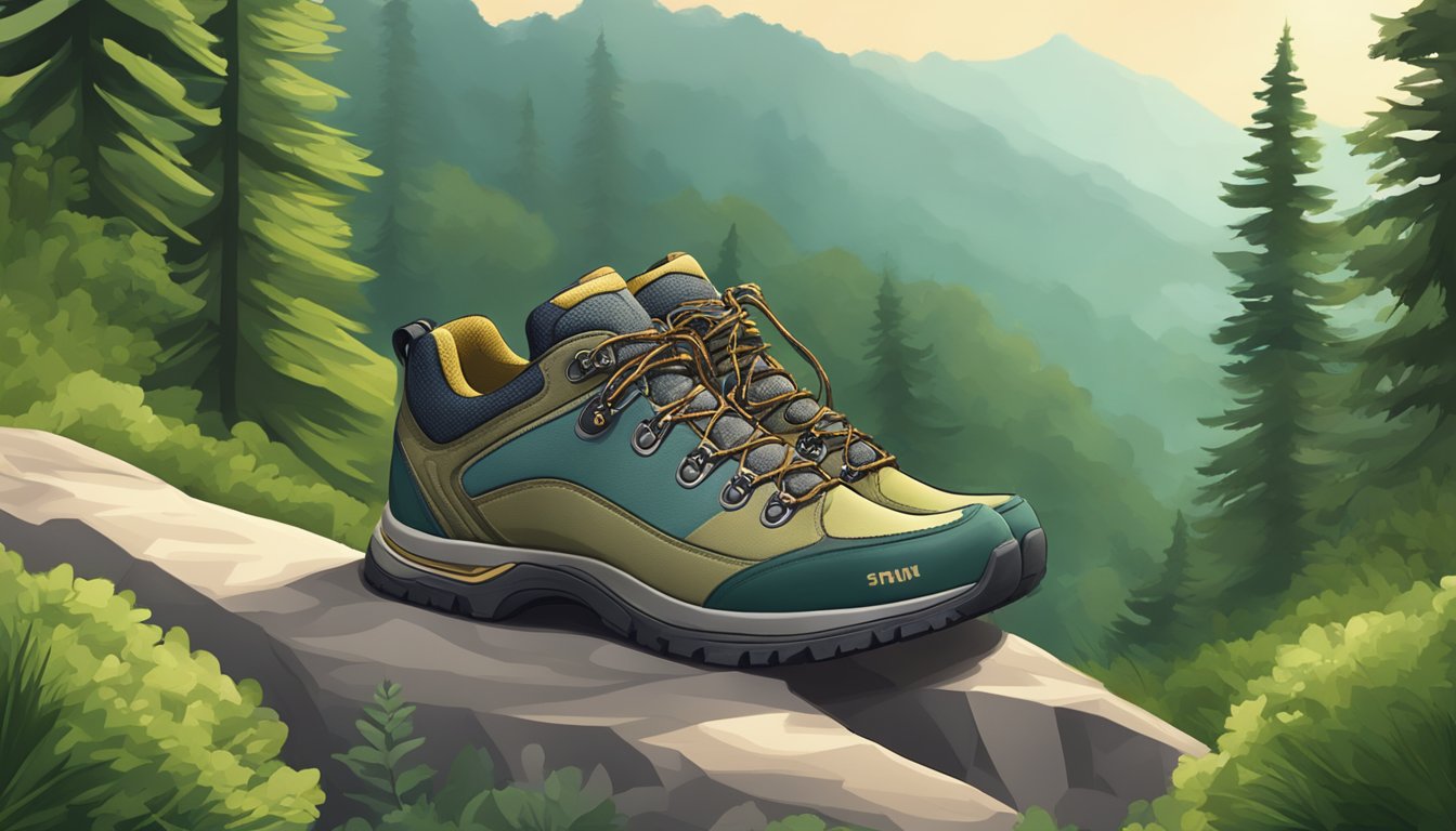 A pair of hiking shoes from a popular brand placed on a rocky trail, surrounded by lush greenery and towering trees