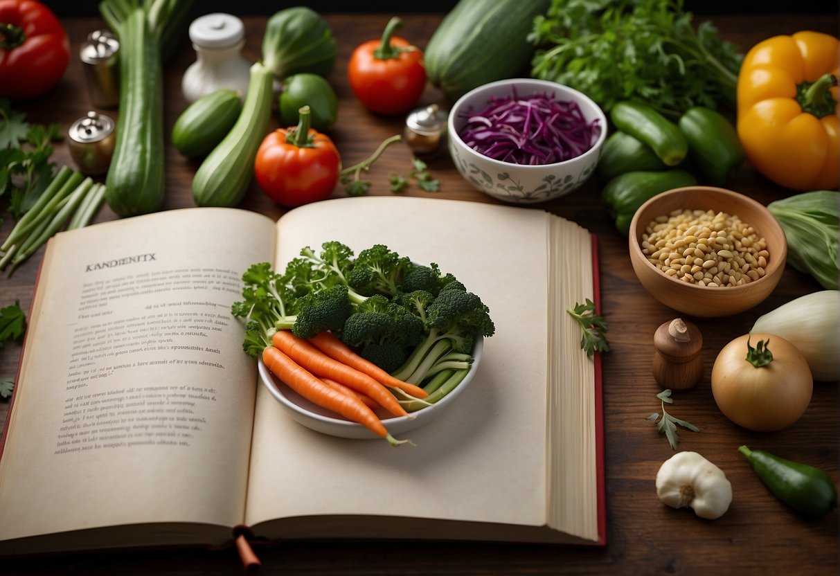 A table filled with colorful vegetables, herbs, and cooking utensils. A book titled "Frequently Asked Questions easy Chinese vegetarian recipes" is open to a page with a delicious dish