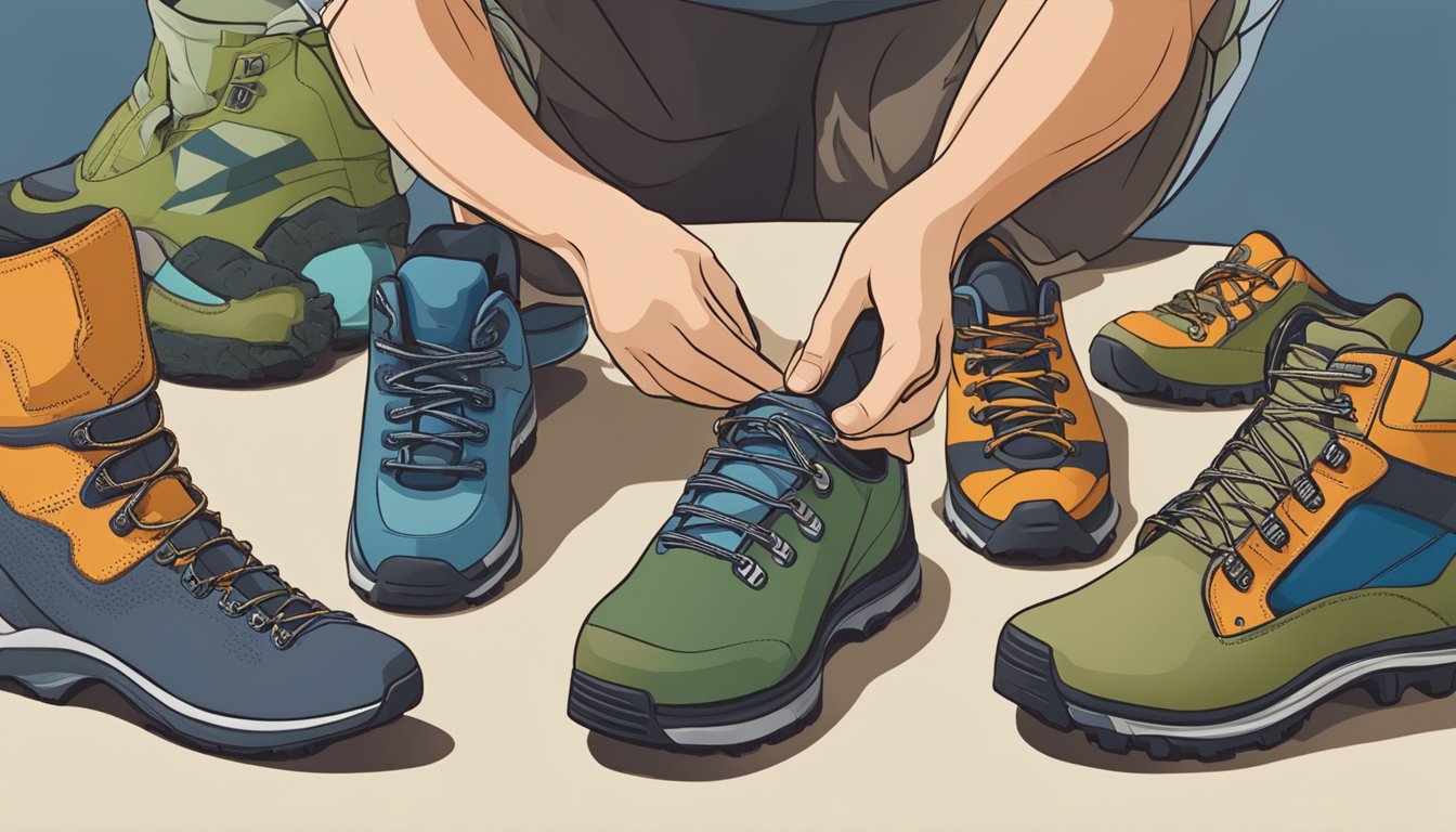 A hiker examines various hiking shoes from different brands, carefully comparing their features and durability for upcoming adventures