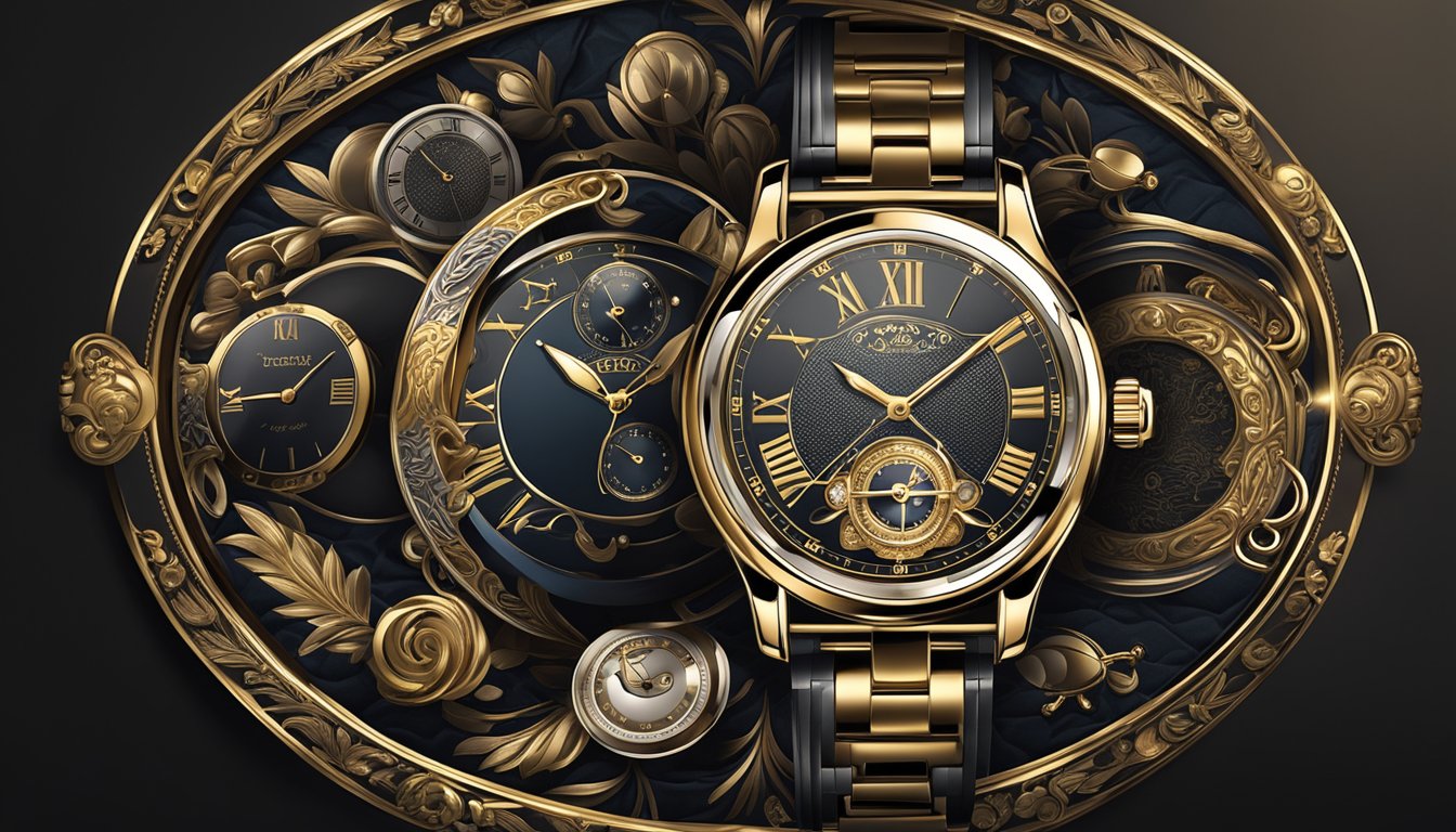 Luxury watch logos shine on a dark velvet background, surrounded by elegant timepieces and opulent materials