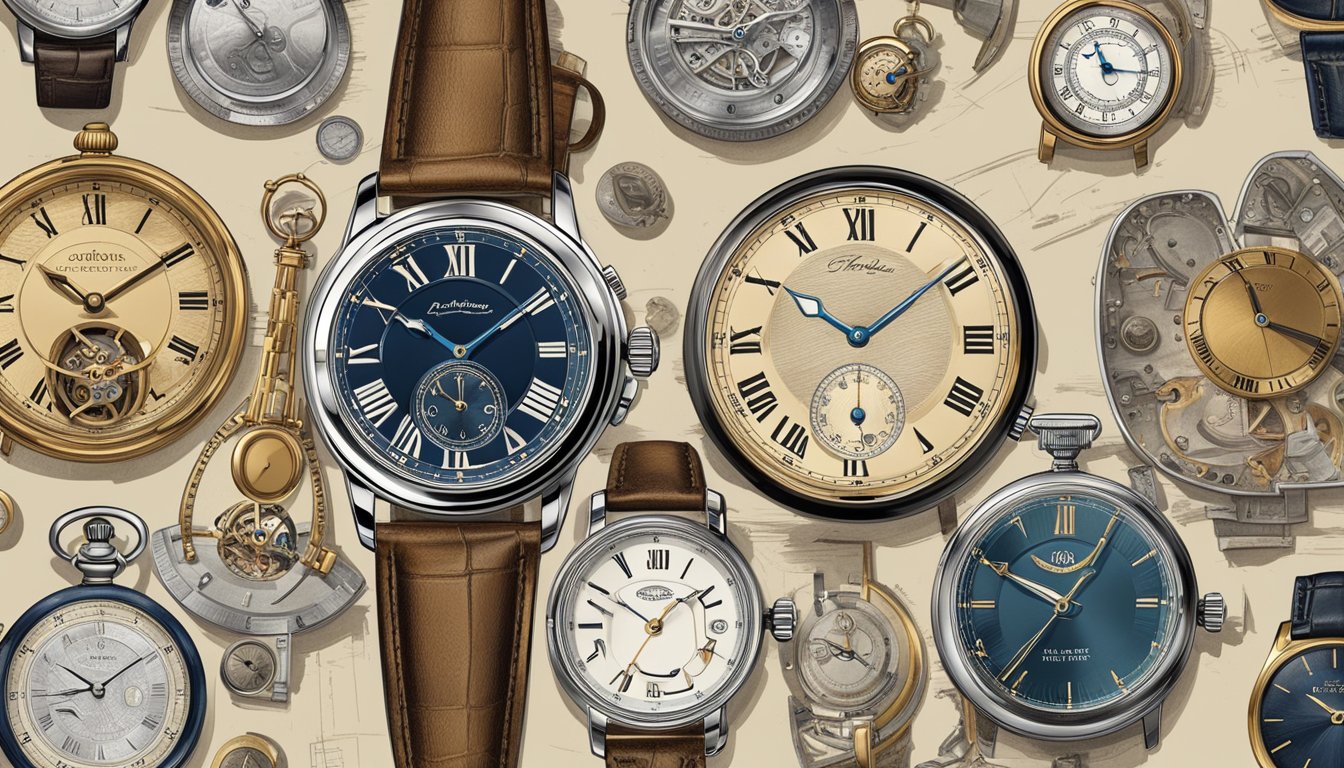 A display of vintage watch designs, surrounded by classic timepieces and brand logos, evoking a sense of history and craftsmanship