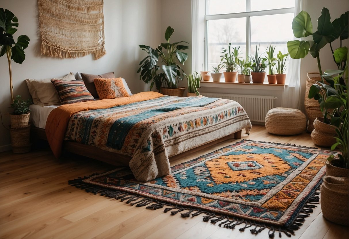 A cozy bedroom with eclectic decor: macrame wall hangings, colorful patterned rugs, and plenty of plants. A low platform bed with layered textiles and a mix of throw pillows. Warm, natural lighting from large windows