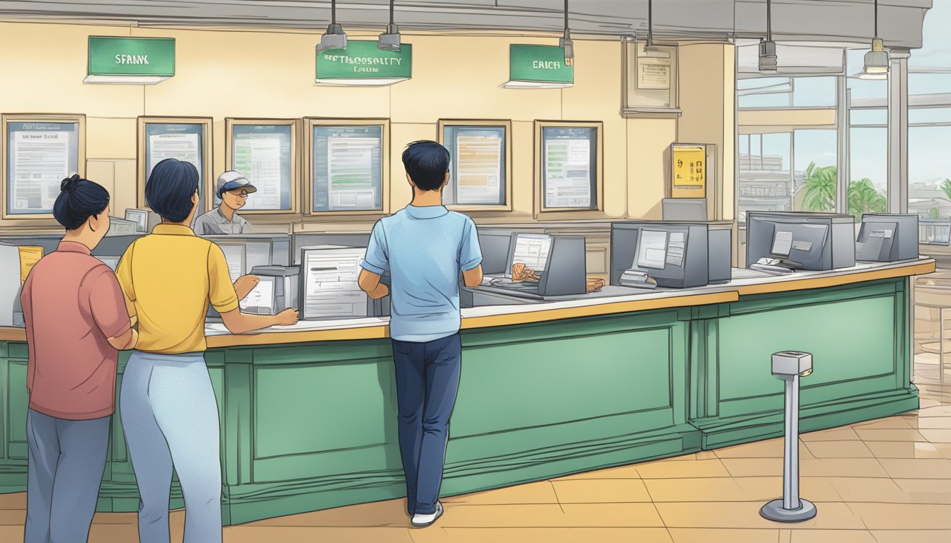 A person in Singapore enters a bank, fills out a form, and purchases US Treasury bonds at the counter