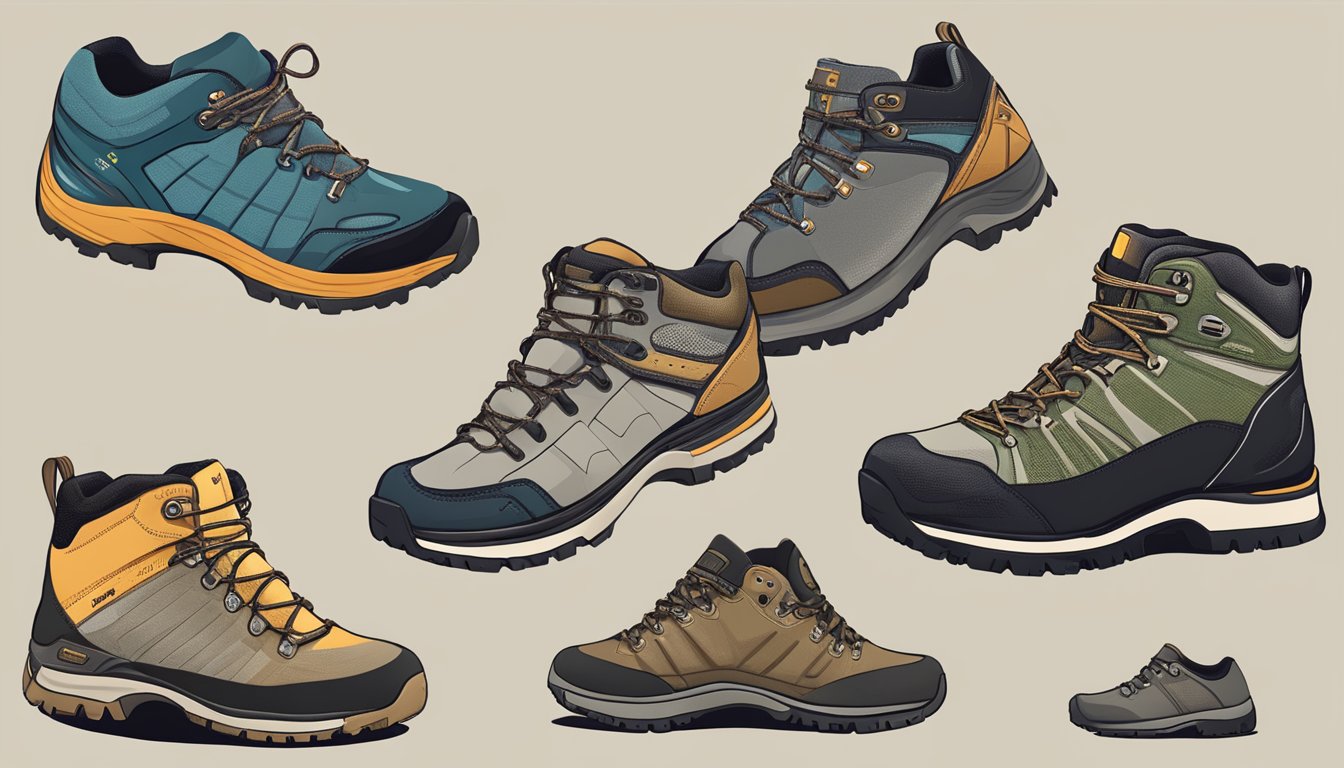 Hiking shoes from various brands displayed with FAQ signs