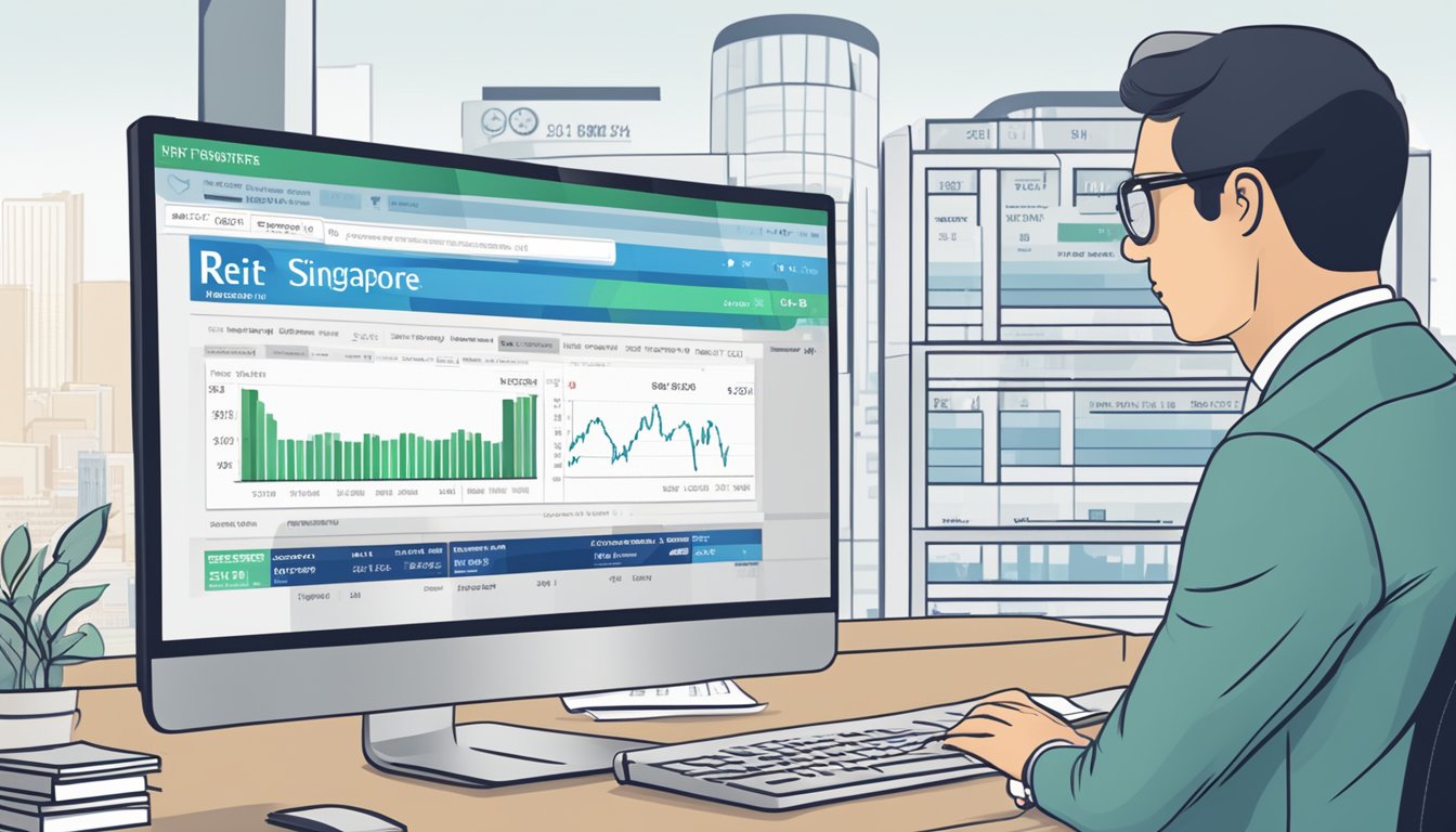 Investors typing "how to buy REITs Singapore" into a search bar. Computer screen shows stock exchange website with REIT options