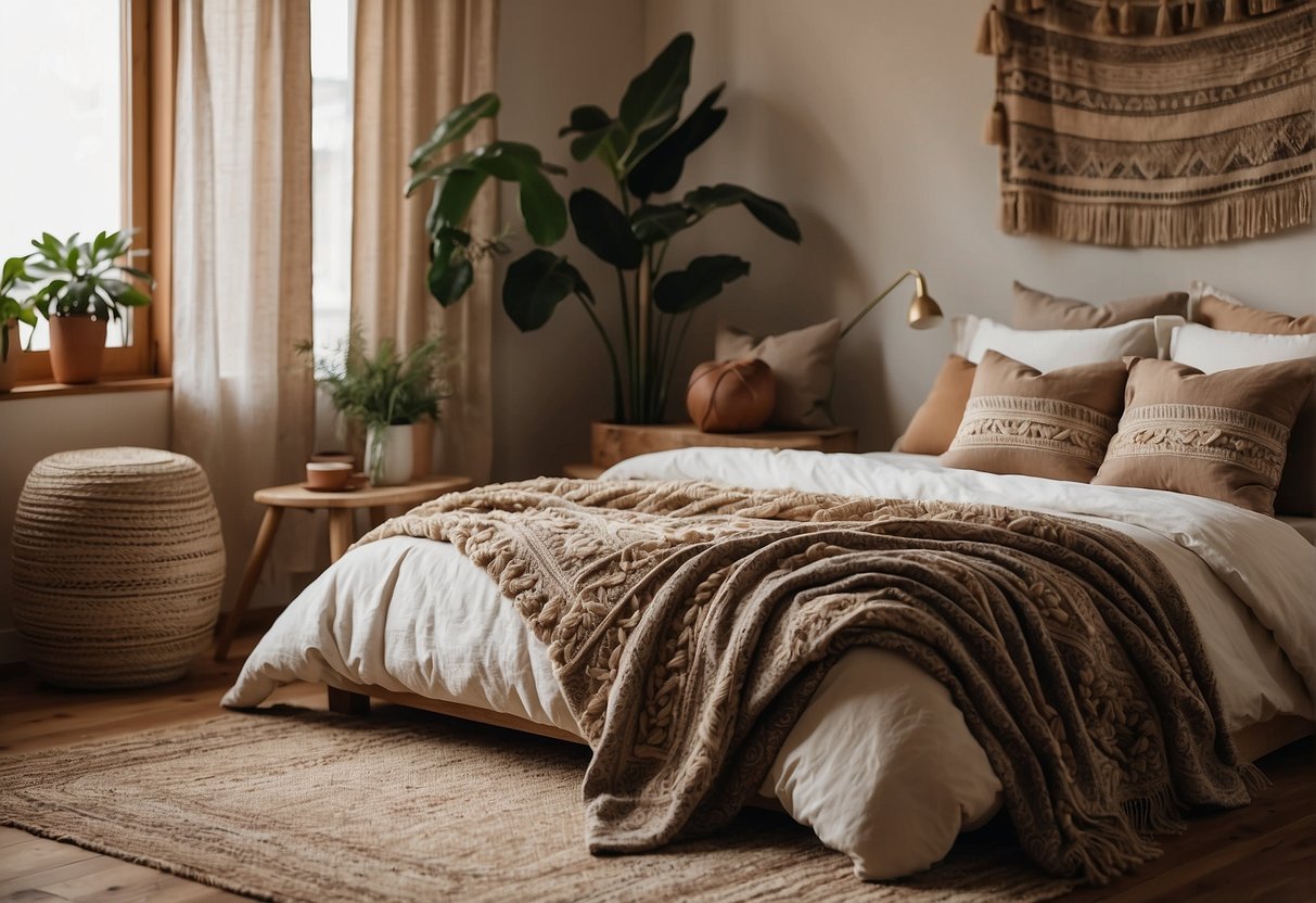 A cozy bedroom with layered textiles, earthy tones, and natural materials. A mix of patterns and textures creates a boho-inspired, comfortable space