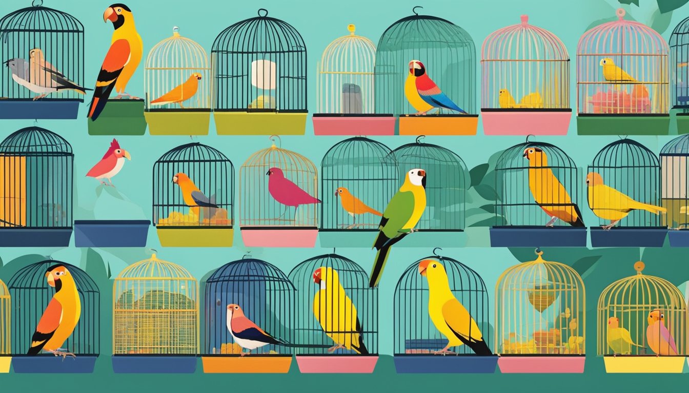 Birds perched in colorful cages at a bustling market in Singapore. Vendors display a variety of species, from parrots to finches, under the shade of vibrant umbrellas
