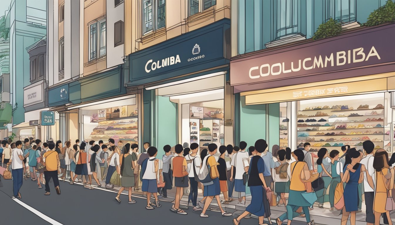 A crowded street in Singapore, with a prominent shoe store displaying a sign for Columbia shoes. People are seen entering and exiting the store, showing interest in the products