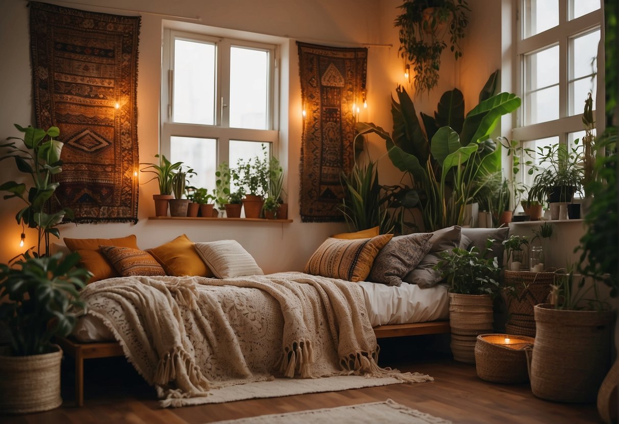 The boho bedroom is bathed in warm, soft lighting, creating a cozy and inviting atmosphere. Colorful tapestries and eclectic decor adorn the walls, while plants and natural elements add a touch of whimsy