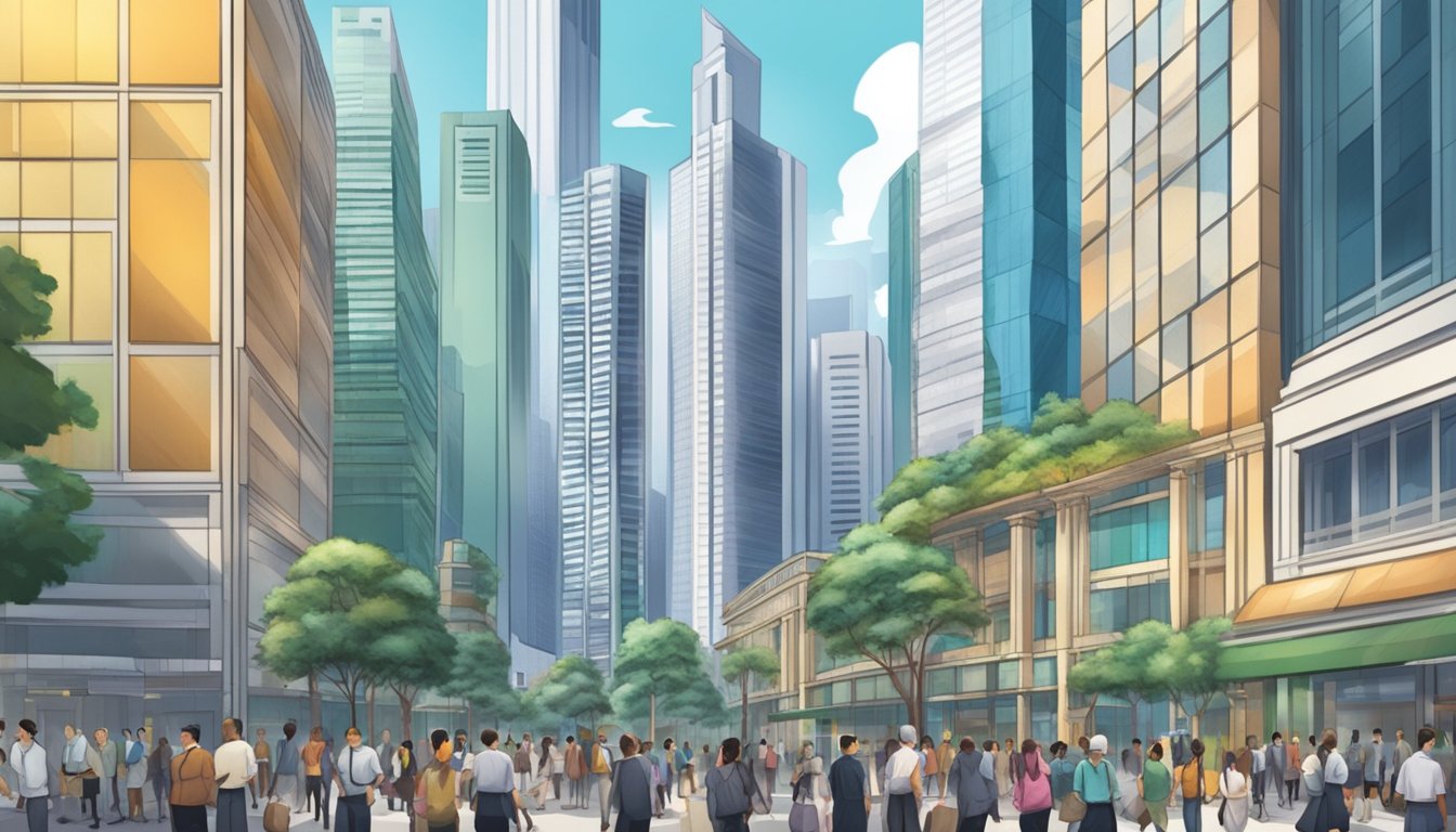 A bustling financial district in Singapore with skyscrapers and a stock exchange, surrounded by investors and brokers discussing REITs