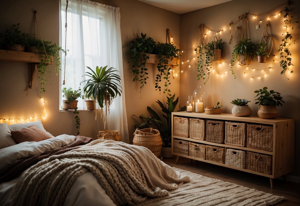 A cozy bedroom with earthy tones, layered textiles, and macramé wall hangings. Plants and woven baskets add a natural touch, while string lights create a warm, inviting atmosphere
