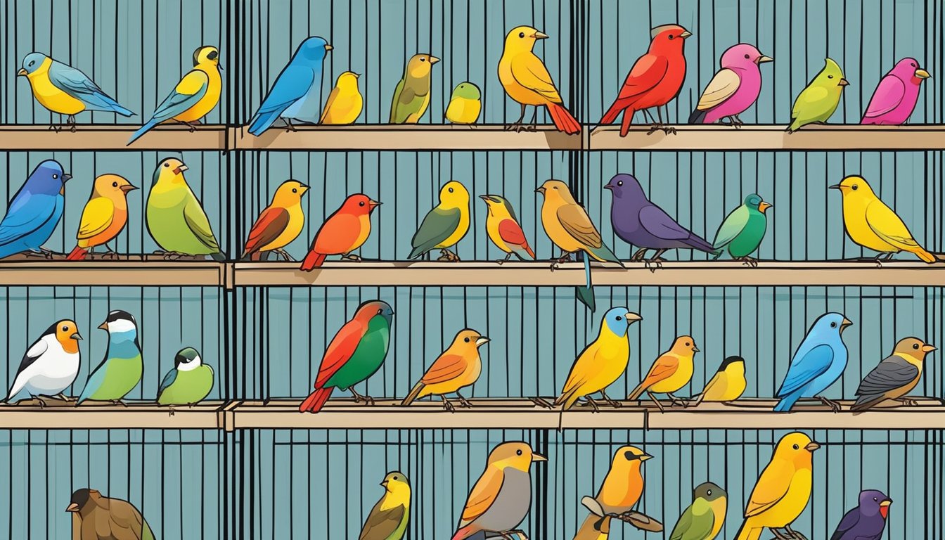 A variety of colorful birds perched in cages at a bird shop in Singapore, with signs indicating different species and prices