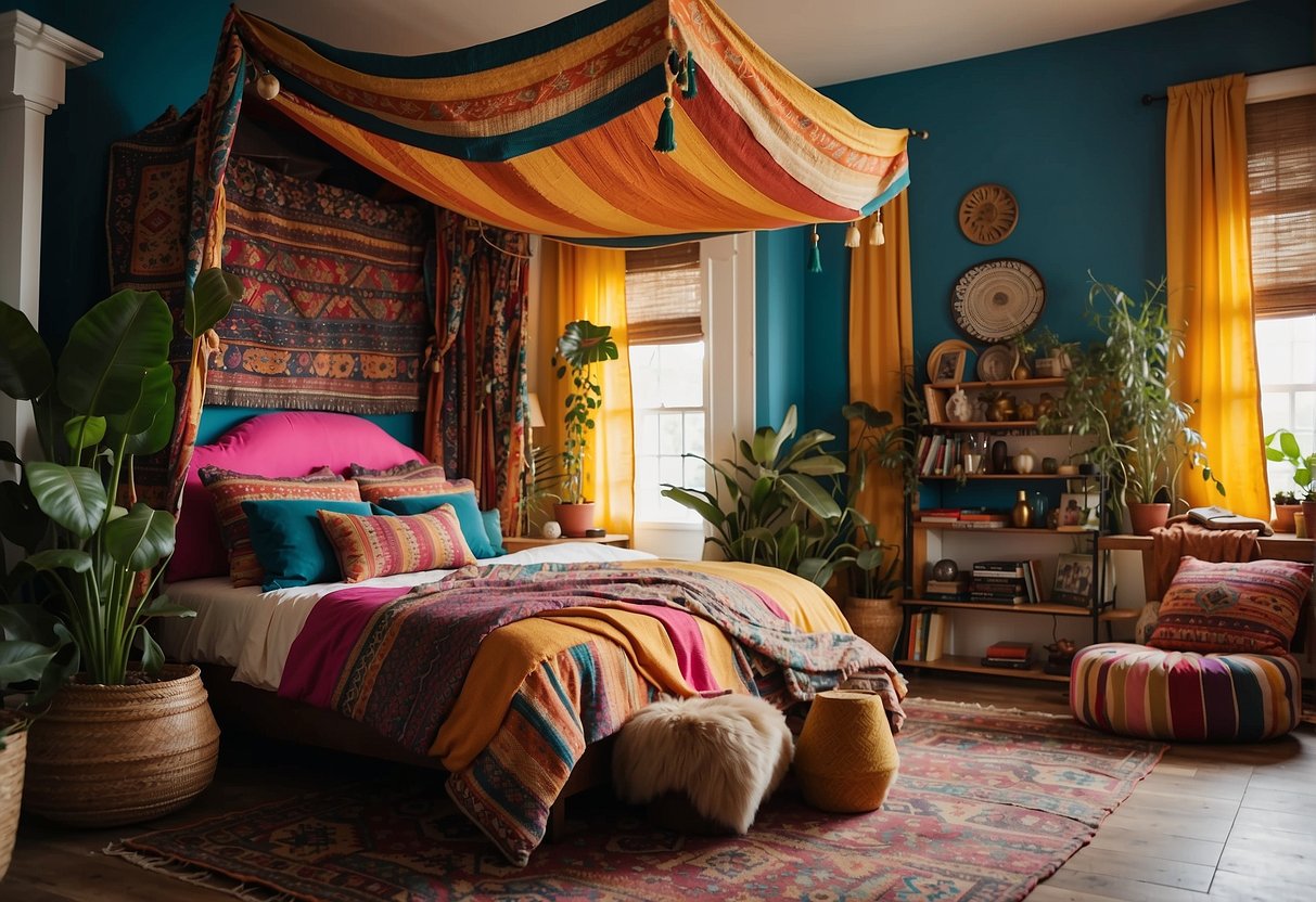 A boho style bedroom with vibrant colors, layered textiles, and eclectic decor. A statement bed with a colorful canopy and patterned throw pillows serves as the focal point
