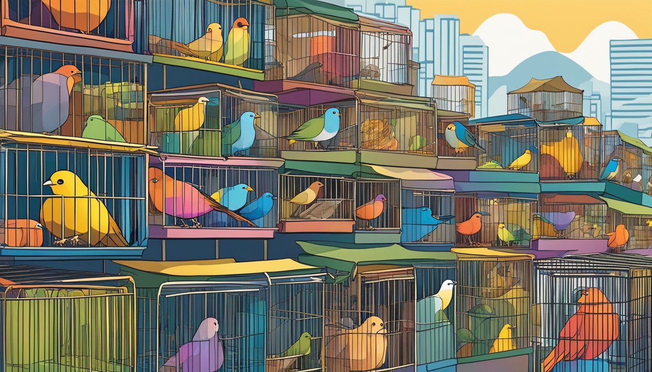Birds perched in colorful cages at a bustling market in Singapore, with vendors selling a variety of avian species