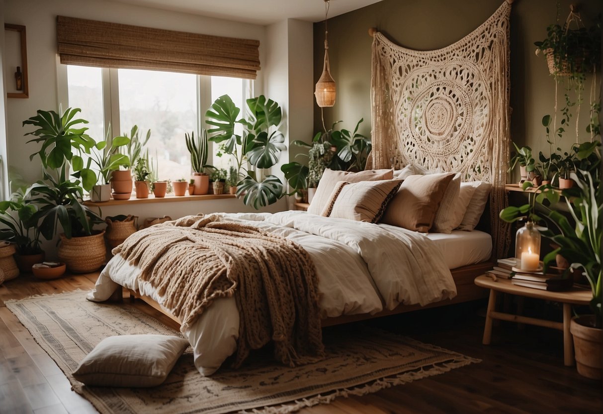 A cozy bedroom with earthy tones, layered textiles, and natural elements. A mix of patterns, macrame, and plants create a relaxed bohemian atmosphere