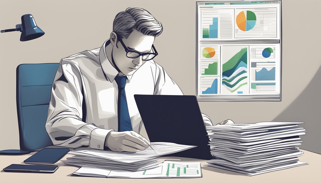 A person sitting at a desk with a computer, researching S-REITs. A stack of financial documents and a pen are nearby. The person is focused and determined