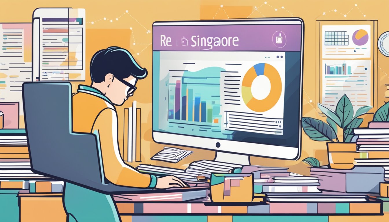 A person browsing a laptop with "How to buy REITs in Singapore" on the screen, surrounded by investment books and charts