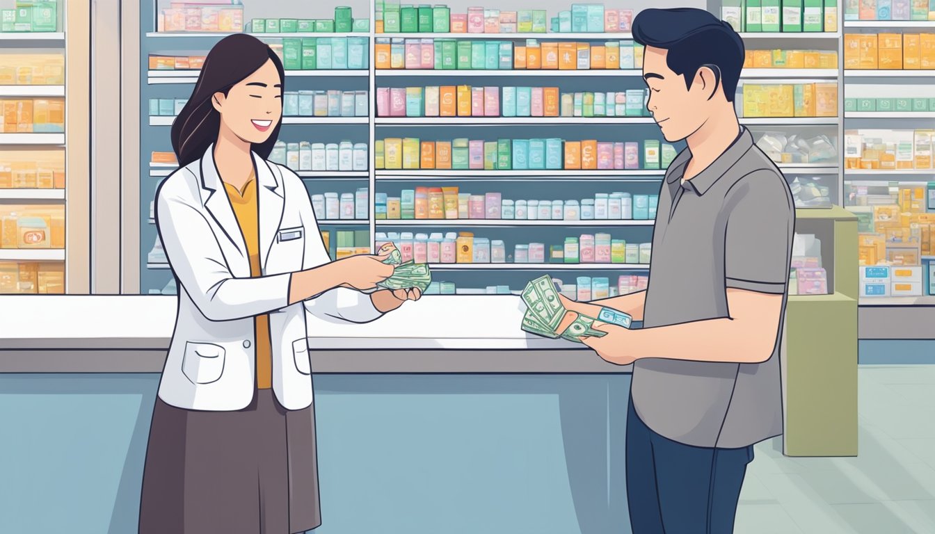 A woman hands money to a pharmacist in a modern Singapore pharmacy, receiving a box of birth control pills in return