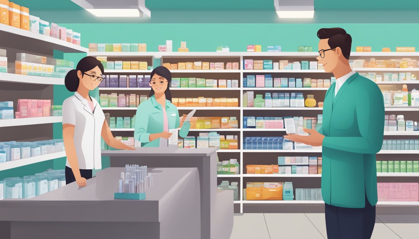 A pharmacy in Singapore with shelves stocked with various birth control pill brands, a counter with a pharmacist assisting a customer, and a sign indicating "Frequently Asked Questions."