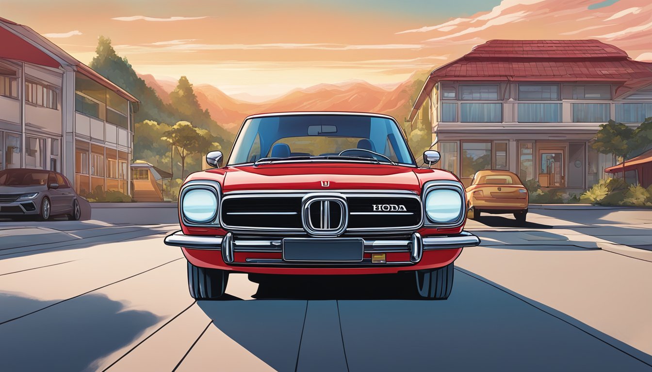 A red Honda car parked under a bright blue sky with the iconic Honda logo displayed prominently on the front grille