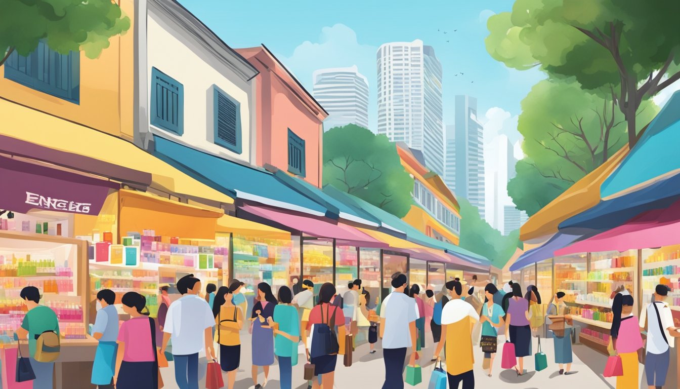 A bustling street market in Singapore, with colorful stalls selling a variety of affordable perfumes. Shoppers browse the selection, while vendors call out enticing offers