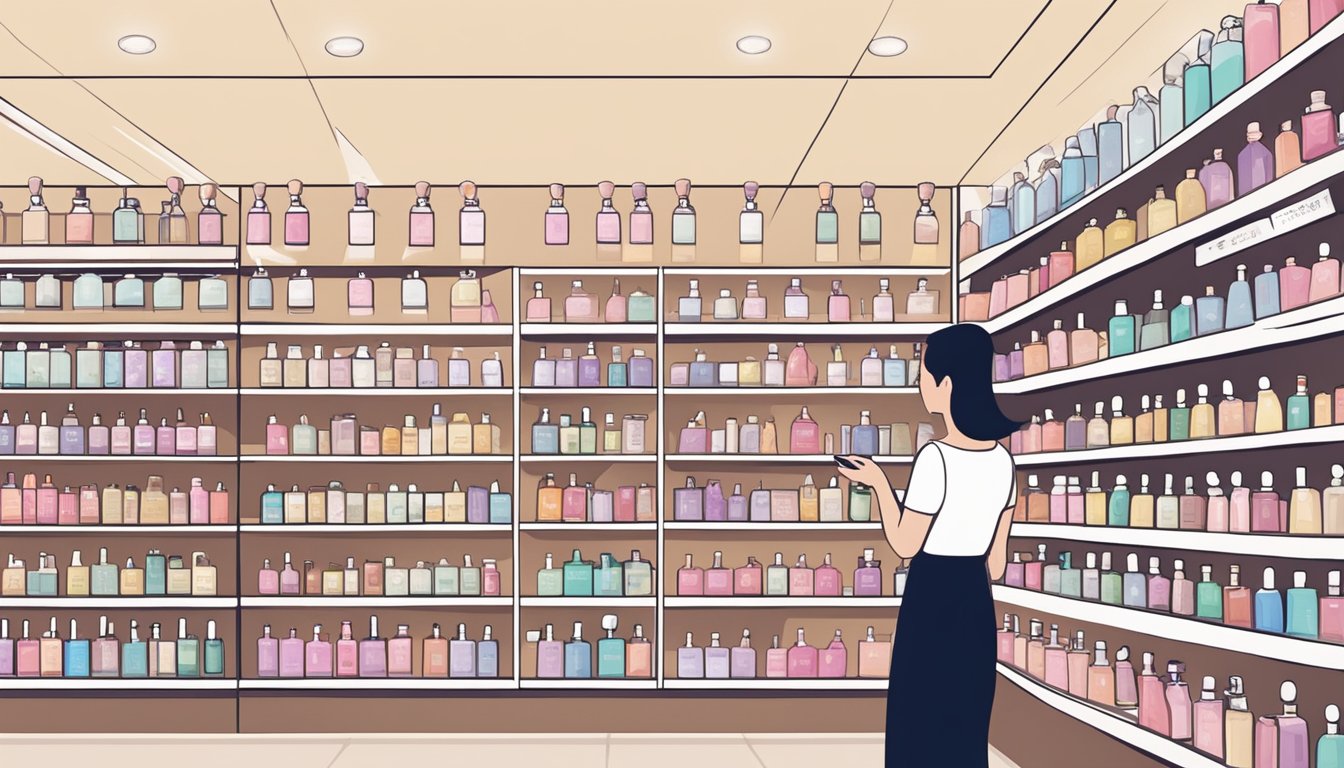 A customer browsing rows of perfume bottles in a Singapore store, comparing scents and prices before making a purchase decision