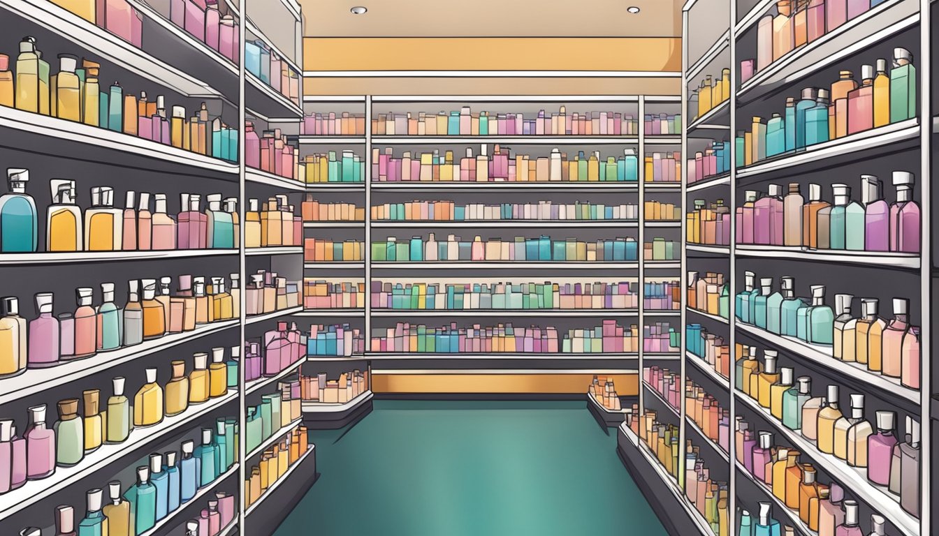 Shelves lined with discounted perfume bottles in a Singapore store