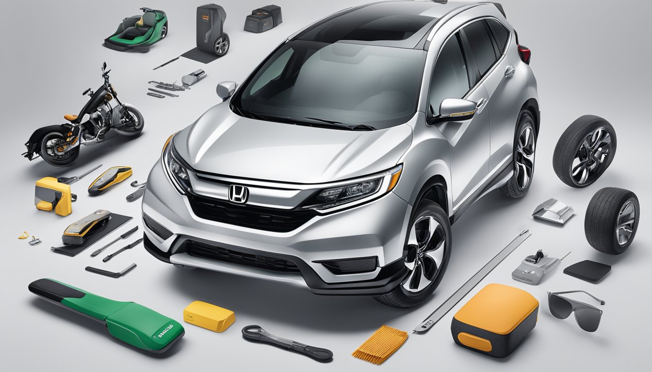The Honda logo and various products are arranged neatly on a clean, modern background. The brand's key messaging is displayed prominently