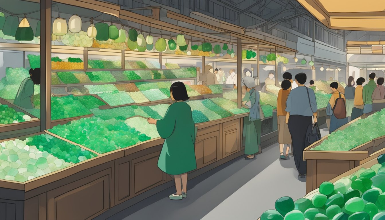 A bustling market stall displays various shades of jade in Singapore. Shoppers browse the collection, while the vendor showcases the precious stones