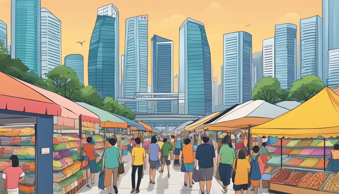 A bustling market stall displays a variety of colorful tote bags in Singapore. Shoppers browse the selection, with the city skyline in the background