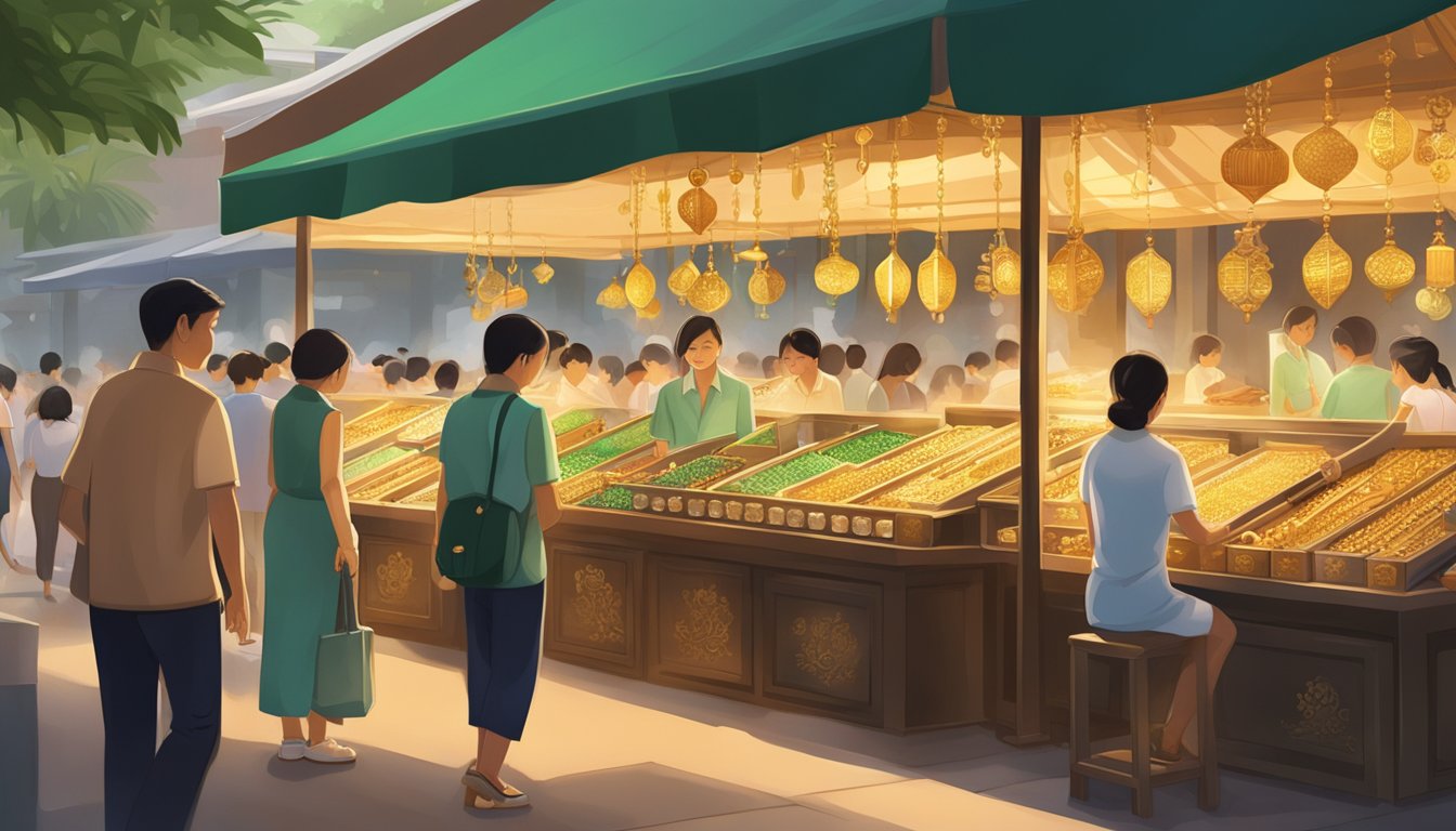A bustling Singapore market stall showcases intricate jade jewellery, gleaming under the warm glow of the afternoon sun